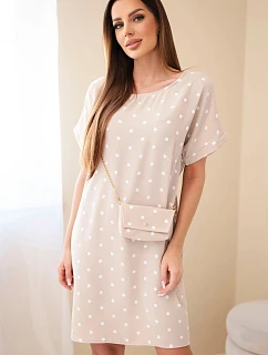 Dámské šaty s puntíky s krátkým rukávem a kabelkou béžové