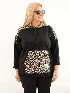Dámská viskózová mikina Plus Size s kapucí a model 22322734 vsadkami černá - K-Fashion