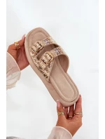 Klapki Damskie Na Platformie Z Klamrami I Plecionką Khaki Limme Klapki Damskie Na Platformie Z Klamrami I Plecionką Khaki Limme