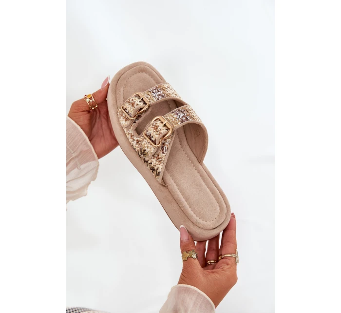 Klapki Damskie Na Platformie Z Klamrami I Plecionką Khaki Limme Klapki Damskie Na Platformie Z Klamrami I Plecionką Khaki Limme