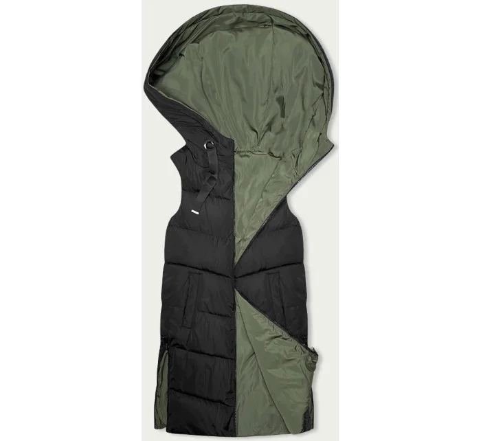 Čierno-khaki dlhá obojstranná dámska vesta (B8159-1)