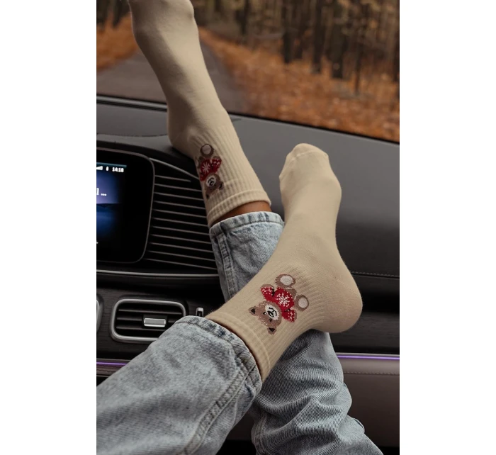 Skarpetki Damskie Miś w Sweterku Beżowe Skarpetki Damskie Miś w Sweterku Beżowe