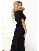Černé dlouhé lesklé dámské šaty s  a výstřihem model 20864411 - numoco