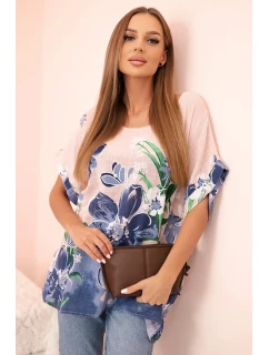 Dámská bavlněná blůza s květinovým potiskem a krátkým rukávem pudrově růžová