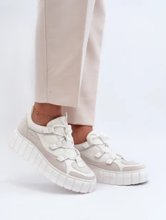 Damskie Skórzane Buty Sportowe Na Platformie M01/1 Zazoo Jasnobeżowe