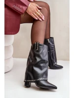 Ocieplane Botki Z Wywiniętą Cholewką Na Słupku Czarne Tamalis