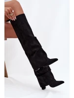 Zateplené dámské kozačky s  lemem na podpatku ekologické semišové černé model 21707825 - Boto