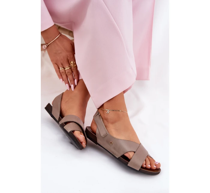 Kožené sandály na suchý zip tmavě béžové model 21694316 - Zazoo