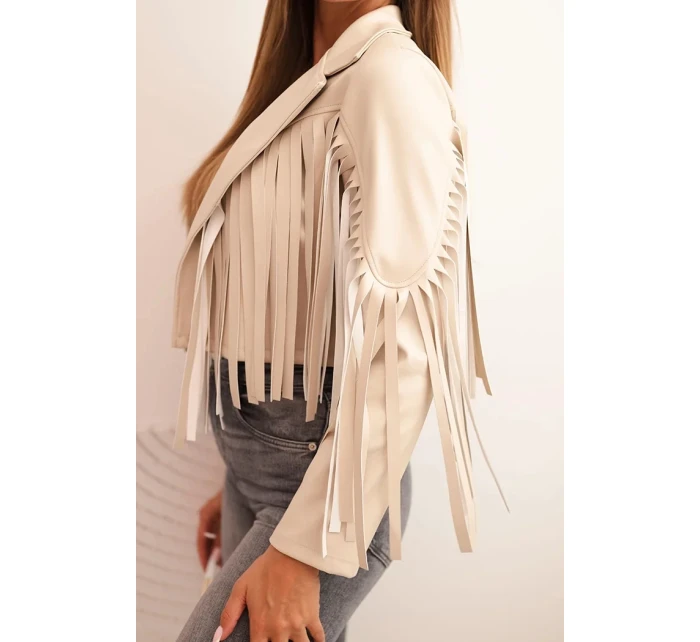 Dámská bunda z eko kůže s třásněmi v boho stylu béžová