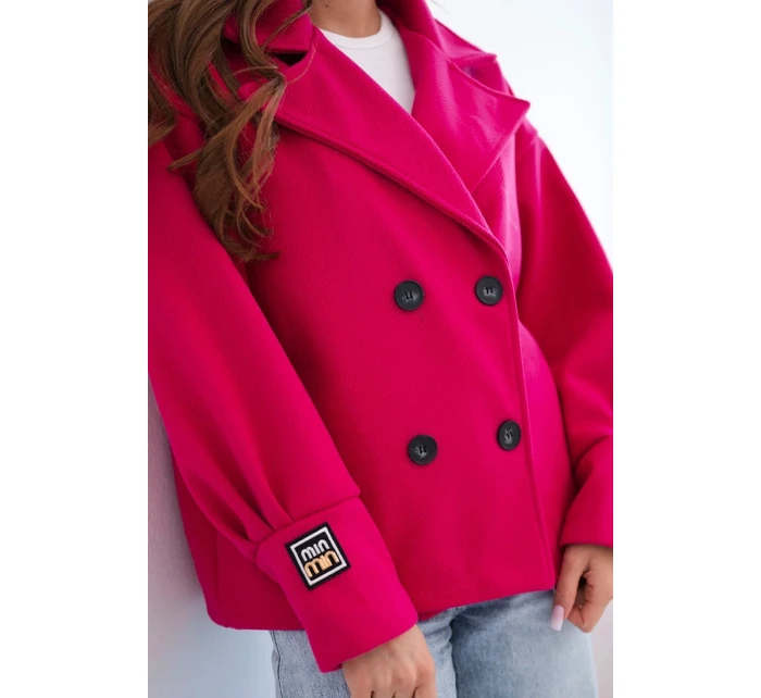 Dámske krátke dvojradové sako s golierom fuchsiovej farby