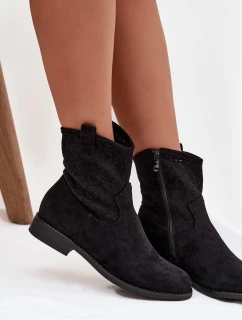 Dámske členkové topánky na plochom podpätku s ažurovým vzorom S.Barski - čierne