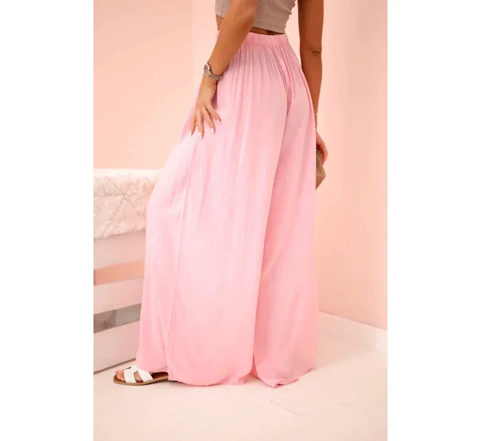 široké dámske nohavice z viskózy s elastickým pásom svetloružové