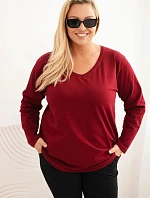 Plus veľkosť dámske V-neck blúzka s dlhými rukávmi bordová