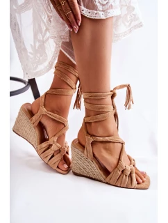 Zamszowe Wiązane Sandały Na Koturnie Beżowe Flavia