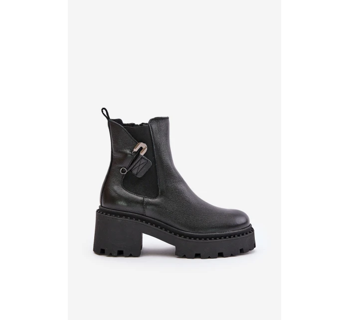 Zazoo 60490 Skórzane Ocieplane Botki Z Ozdobą Czarne