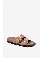 Dámské pantofle z imitace semiše s zlatými přezkami tmavě béžové model 22125537 - Boto