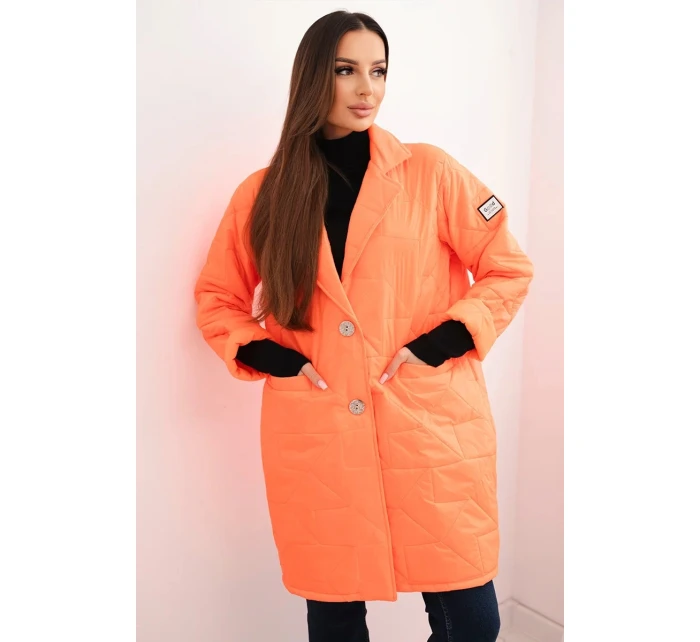 Dámske Plus veľkosť prešívaná bunda s ozdobnými gombíkmi a golierom Neon Orange Dámske Plus veľkosť prešívaná bunda s ozdobnými gombíkmi a golierom Neon Orange