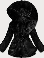 Dámska čierna bunda - kožúšok s kapucňou (BR9743-1)