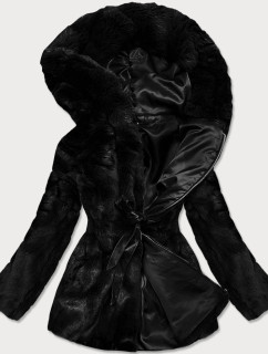 Dámska čierna bunda - kožúšok s kapucňou (BR9743-1)