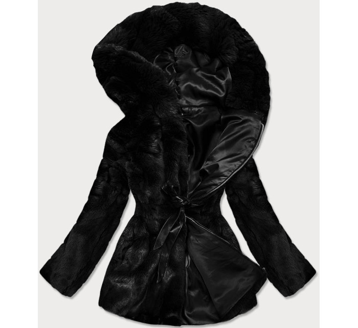 Dámska čierna bunda - kožúšok s kapucňou (BR9743-1)