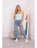 Blúzka bez ramienok s volánikmi v mätovej farbe