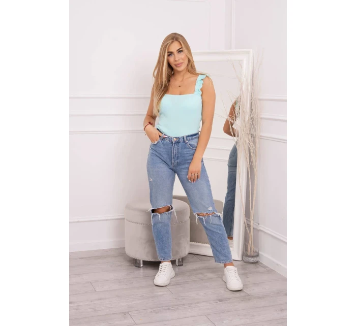 Blúzka bez ramienok s volánikmi v mätovej farbe