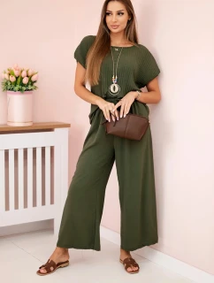 Viskózový komplet plisovaná halenka + kalhoty khaki