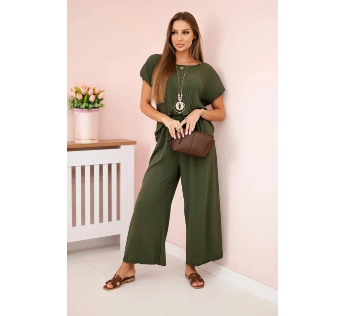 Viskózový komplet plisovaná halenka + kalhoty khaki