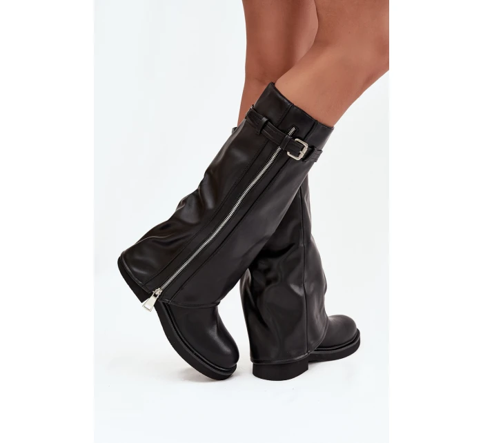Dámské kozačky s límcem sponou a stříbrným zipem vyhřívané černé model 21711800 - Boto