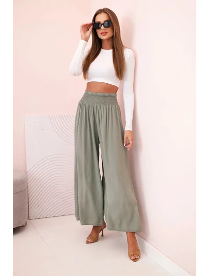 Dámské viskózové kalhoty s elastickým pasem khaki
