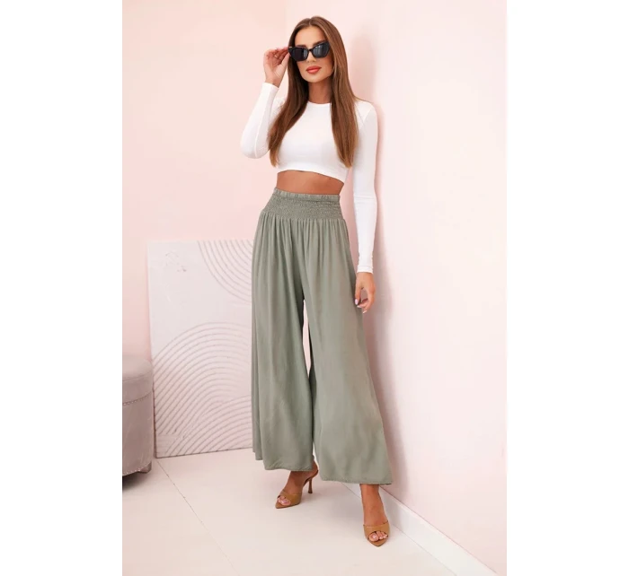 Dámské viskózové kalhoty s elastickým pasem khaki