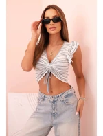 Dámska pruhovaná blúzka s volánikmi a volánikmi sivá