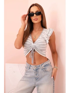 Dámska pruhovaná blúzka s volánikmi a volánikmi sivá