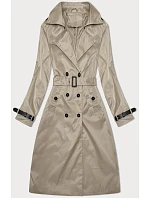 Tmavě béžový dlouhý dámský kabát s opaskem model 19717937 - HONEY WINTER Tmavě béžový dlouhý dámský kabát s opaskem model 19717937 - HONEY WINTER