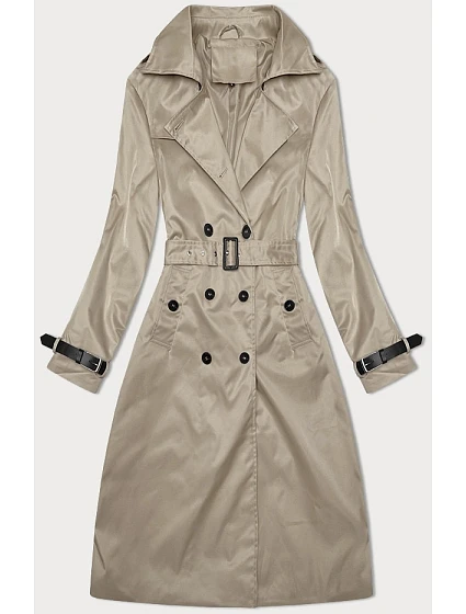 Tmavě béžový dlouhý dámský kabát s opaskem model 19717937 - HONEY WINTER Tmavě béžový dlouhý dámský kabát s opaskem model 19717937 - HONEY WINTER