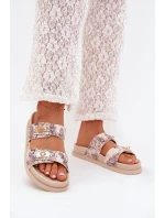 Wzorzyste Klapki Damskie Na Platformie Beżowe Sorina