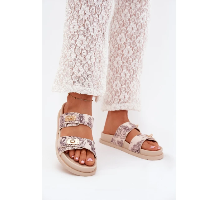 Wzorzyste Klapki Damskie Na Platformie Beżowe Sorina