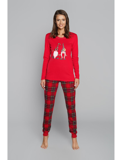 Dámske pyžamo Santa Claus, dlhý rukáv, dlhé nohavice - červené/potlač