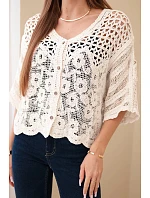 Dámsky bavlnený ažurový sveter s krátkymi rukávmi v béžovej farbe