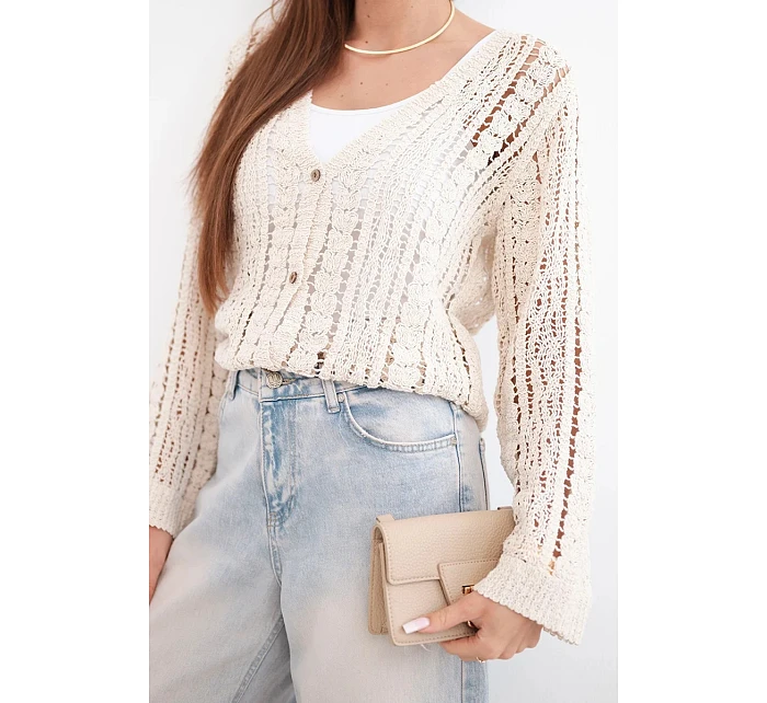 Dámsky bavlnený a čipkovaný sveter s výstrihom do V v béžovej farbe