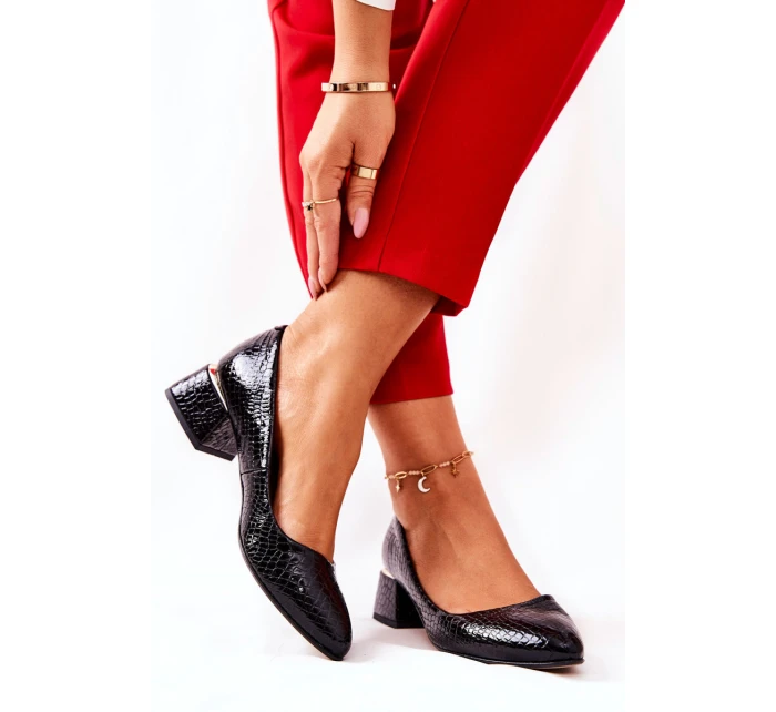 Skórzane Wężowe Czółenka Lewski 3118 Czarne