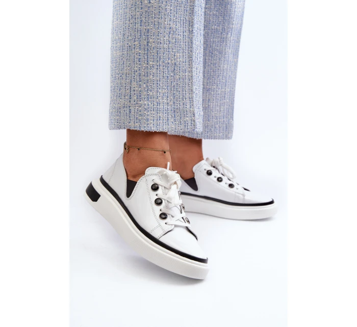 Lakierowane Sneakersy Damskie Skórzane D&A LR535 Białe