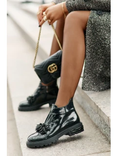 Skórzane Lakierowane Botki Z Ozdobą Ocieplane D&A LZ42-036 Czarne