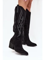 Dámske kovbojské čižmy na podpätku s ozdobou Jovina - čierne Dámske kovbojské čižmy na podpätku s ozdobou Jovina - čierne