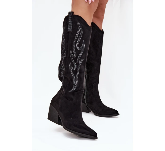Dámske kovbojské čižmy na podpätku s ozdobou Jovina - čierne Dámske kovbojské čižmy na podpätku s ozdobou Jovina - čierne