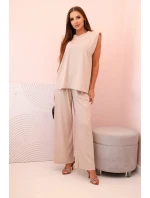 Dámska súprava z viskózy bez rukávov s rovnými nohavicami tmavobéžová