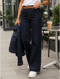 Dámske široké džínsy s opaskom tmavomodré FashionStreet UY2926