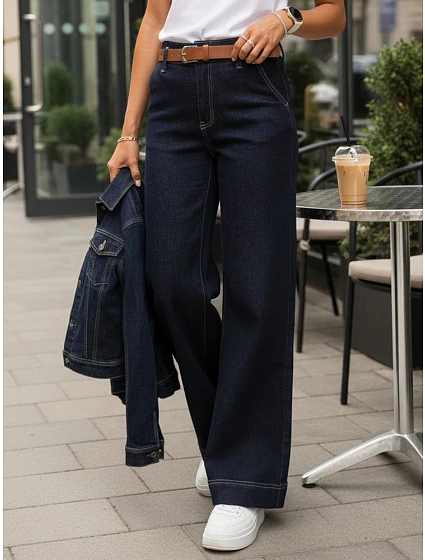 Dámske široké džínsy s opaskom tmavomodré FashionStreet UY2926
