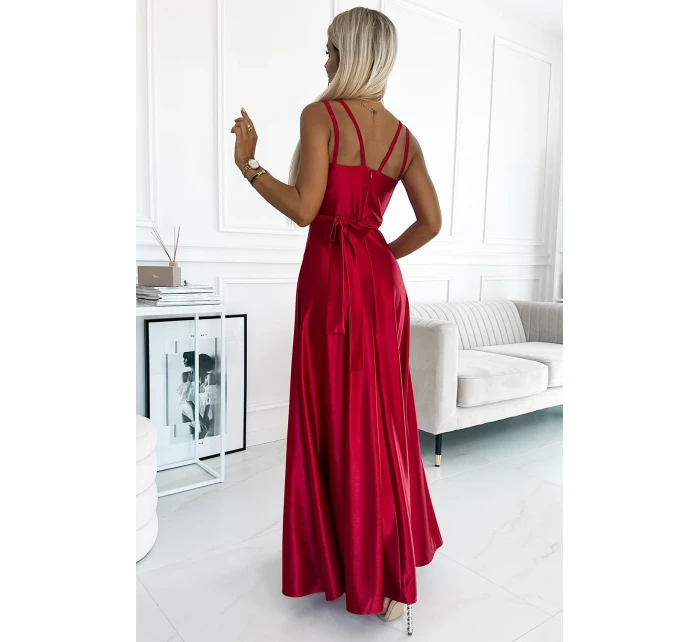 498-4 Dlhé saténové šaty s výstrihom a dvojitými ramienkami - ČERVENÉ