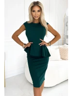 192-16 Elegantné midi šaty s kosticami a krátkymi rukávmi - BOTTLE GREEN